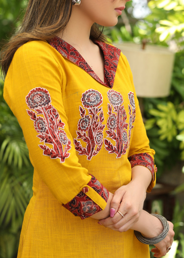 Classy Cotton Mustard Tunic with Maroon Ajrakh Collar and Sleeves with Contrast Patchwork on Front