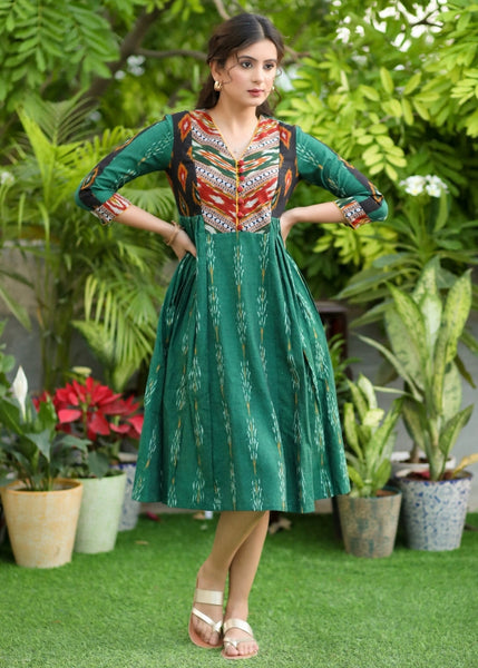 Classy Indigo and Ajrakh V-Neck Fit and Flare Dress – Sujatra