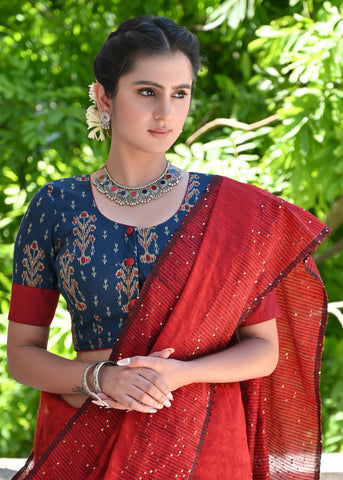 Blue Printed Blouse with Maroon Cotton Detailing and Buttons