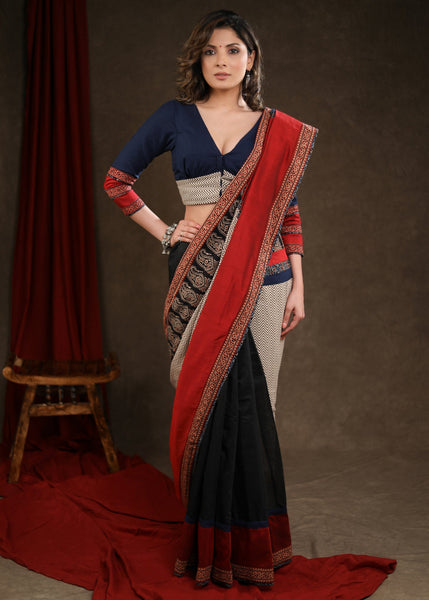 Designer Red & Black Cotton Saree with Ajrakh Combination