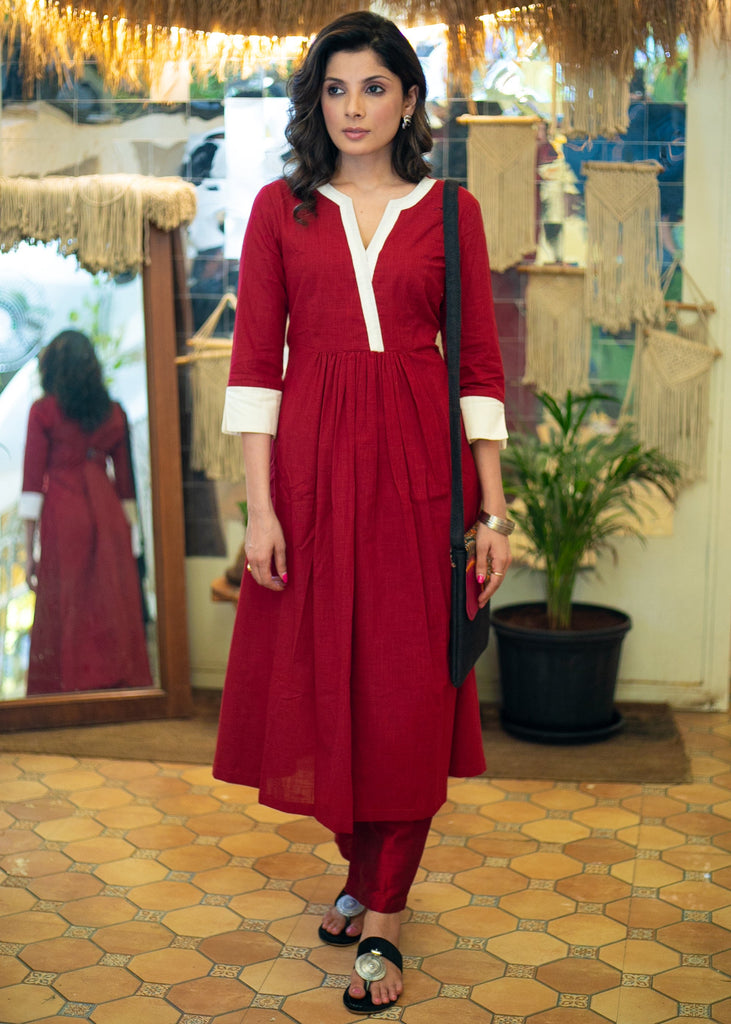 Trendy Cotton Maroon A- Line Kurta - Stole Optional