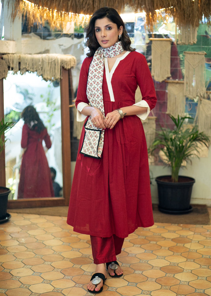 Trendy Cotton Maroon A- Line Kurta - Stole Optional