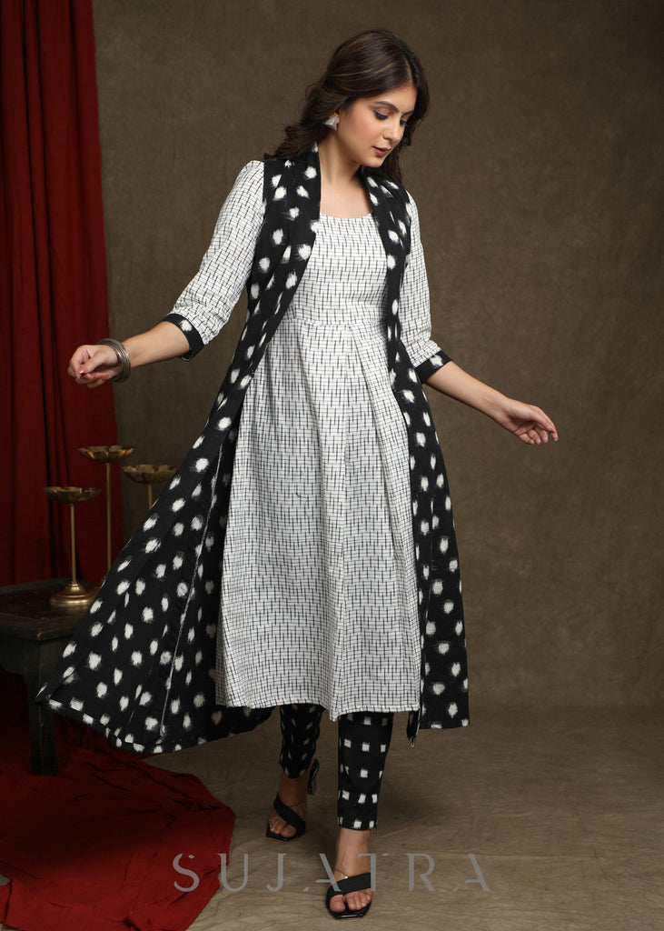 Elegant Pure Ivory And Black Double Ikat Shrug - Kurta Optional