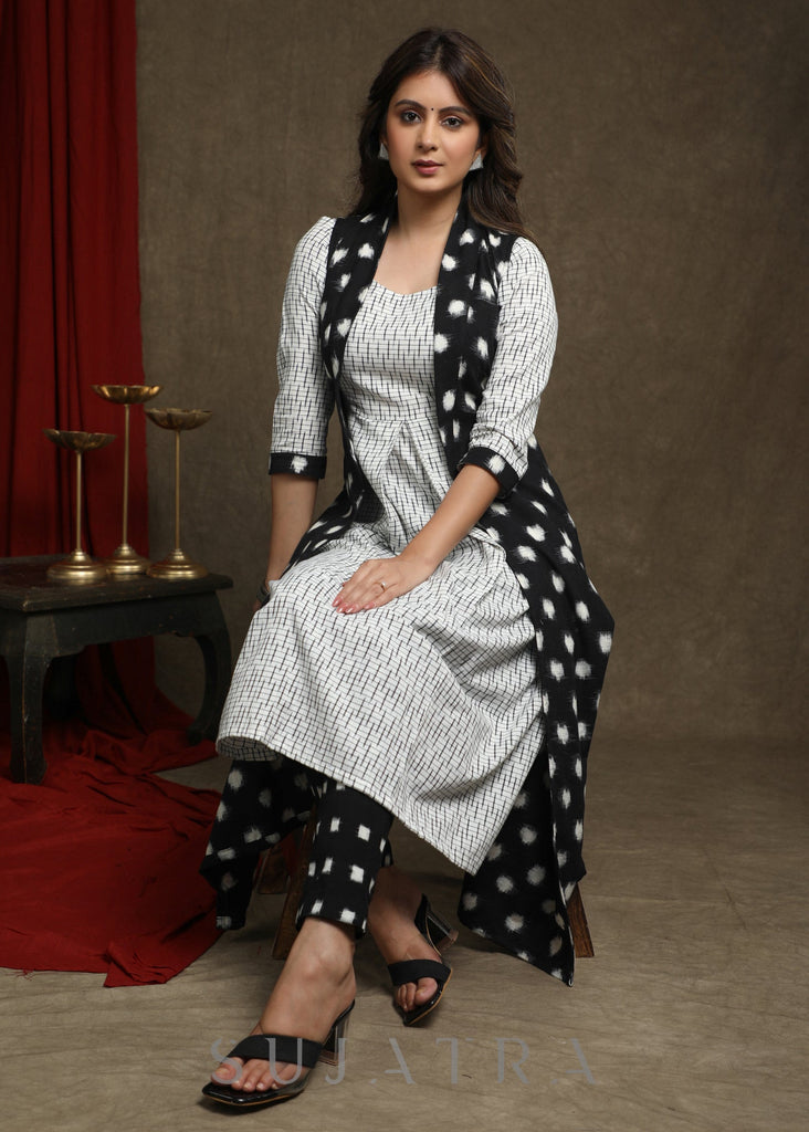 Elegant Pure Ivory And Black Double Ikat Shrug - Kurta Optional