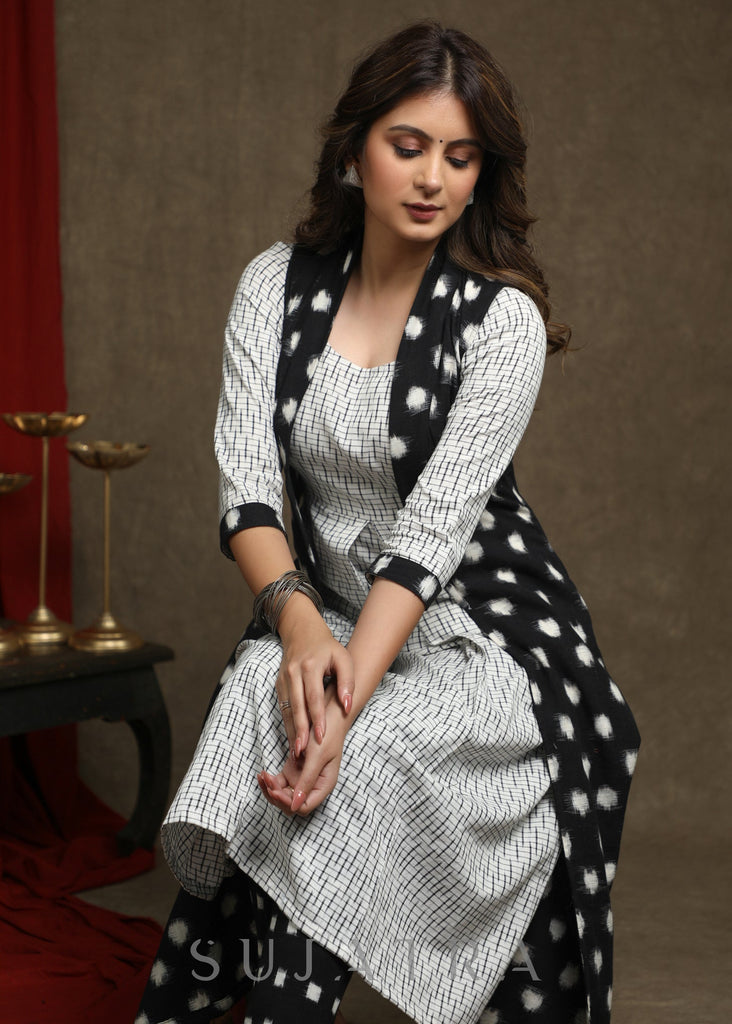 Elegant Pure Ivory And Black Double Ikat Shrug - Kurta Optional