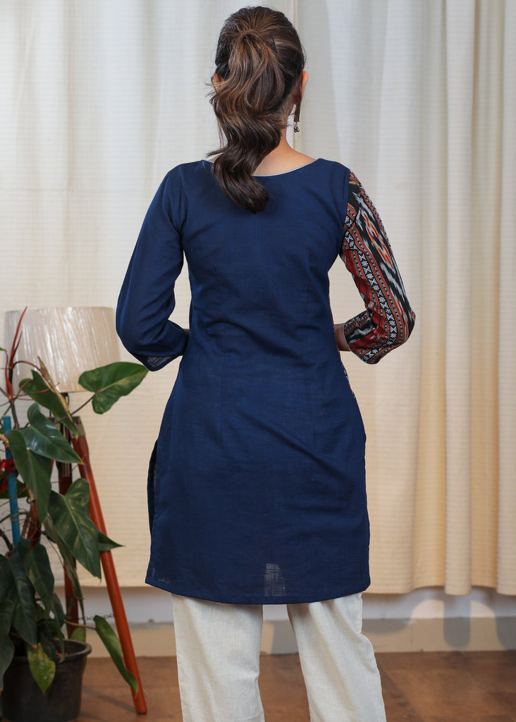 Rare Hand Painted Gond Art On Cotton Blue tunic and Ikat Combination