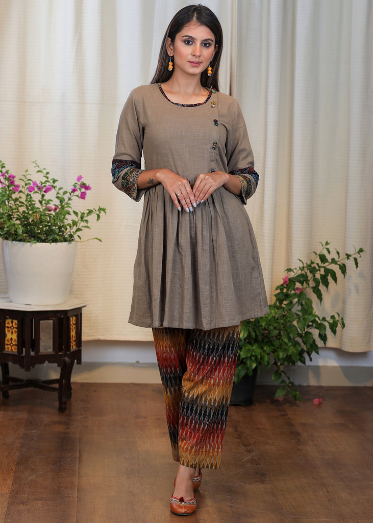 Cement Color Cotton Tunic With Ajrakh Combination and classy Buttons