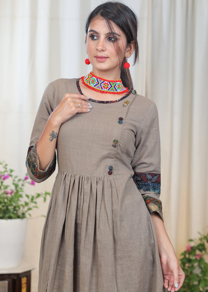 Cement Color Cotton Tunic With Ajrakh Combination and classy Buttons