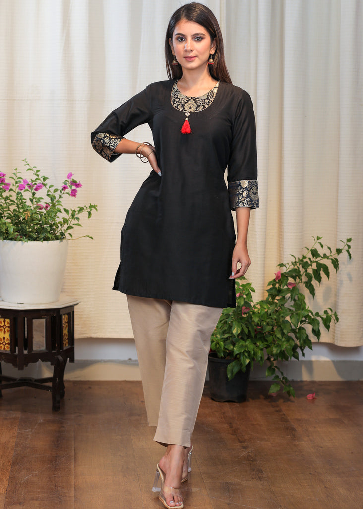 Classy Black Cotton Tunic with Pure Banarasi Details