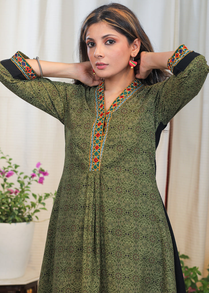 Trendy Green Ajrakh Tunic With Beautiful Handmade Kutch Mirror Embroidery