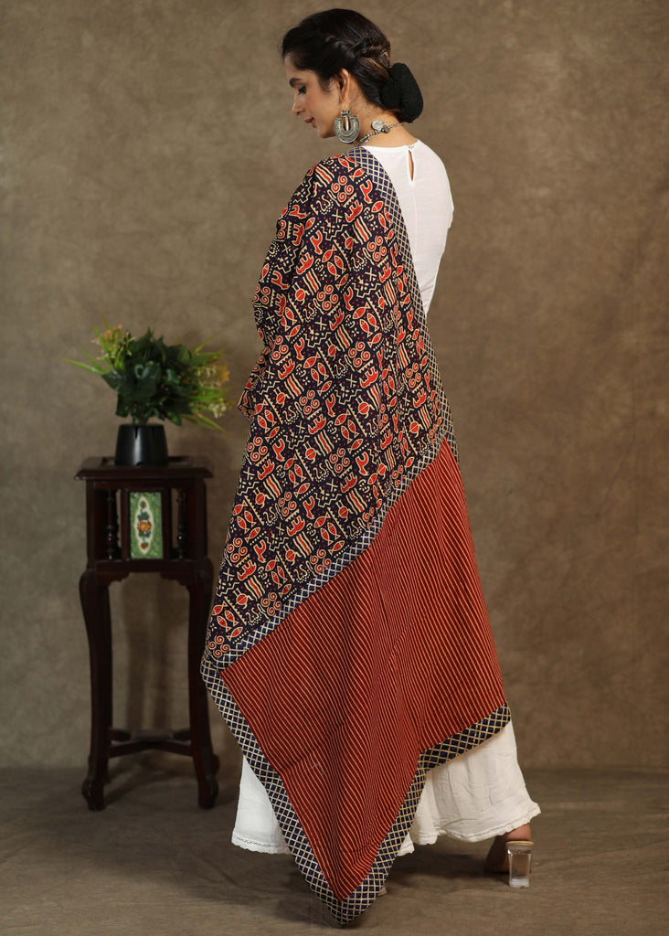 Classy animal print dupatta with Ajrakh combination and blue border