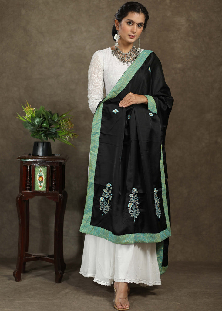 Beautiful black dupatta with elegant green embroidery and Ikkat border ...
