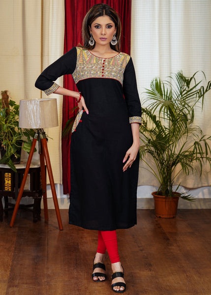 Elegant Straight Cut Black Cotton Kurta With Exclusive Madhubani Print