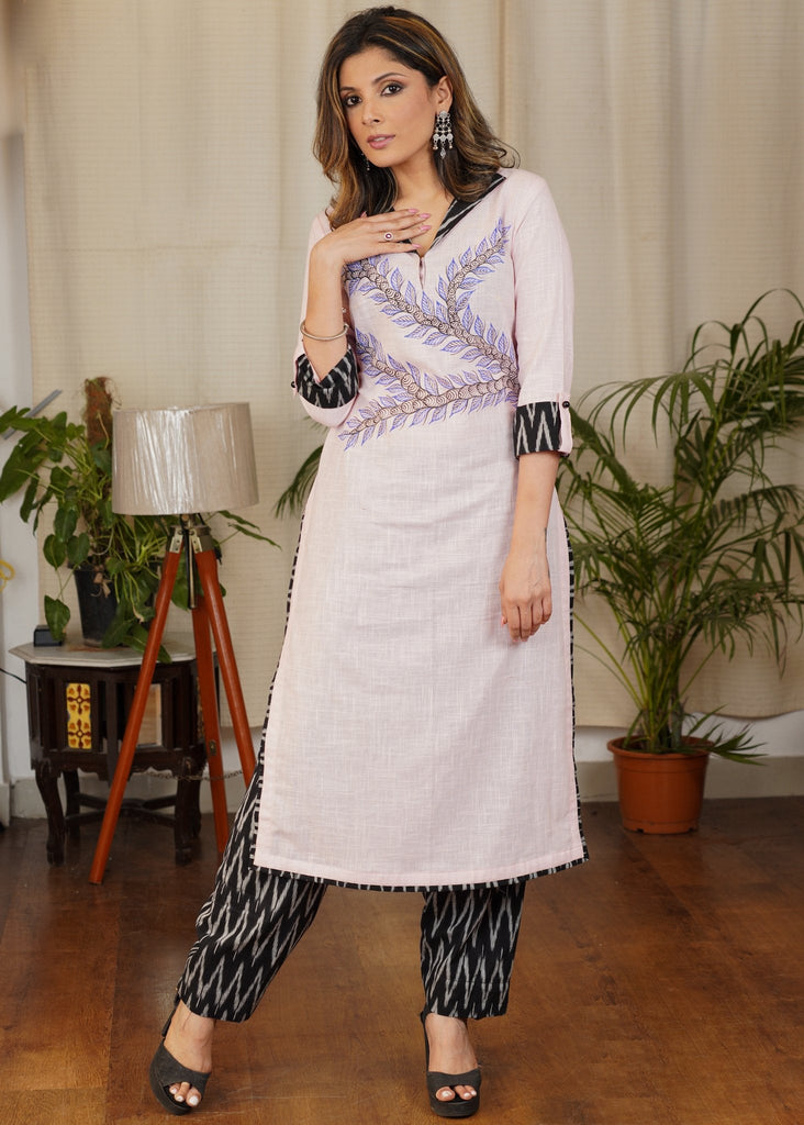 Elegant Hand Painted Gond Art on a Straight Cut Cotton Ikat Combinaton Pink Kurta