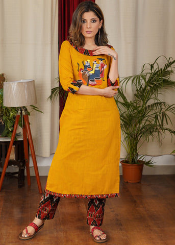 Designer Ikat Combination Cotton Straight cut Kurta With Hand Painted Tribal Art