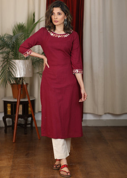 Exclusive Marron Cotton Kurta with Exclusive Embroidery on Neckline