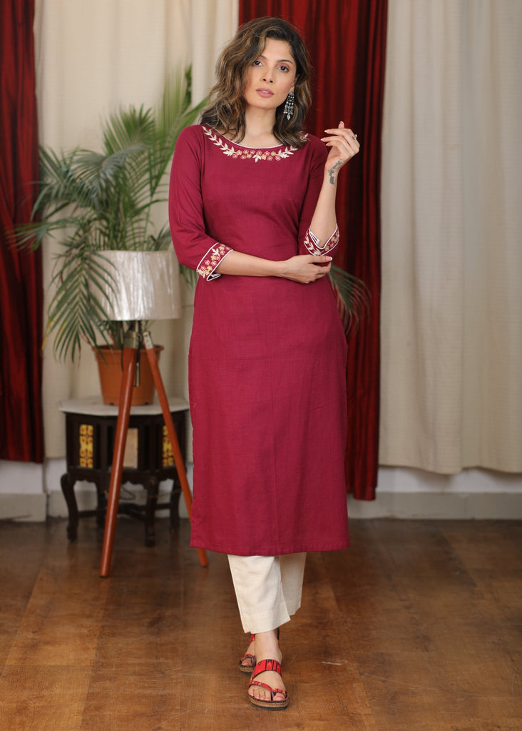 Exclusive Marron Cotton Kurta with Exclusive Embroidery on Neckline