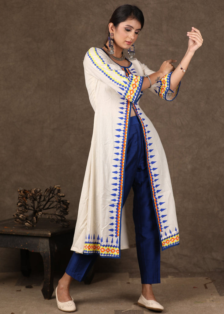 Graceful Hand Painted Front Open Kurta with Cotton Blue Fitted Pants - 2 Piece (Kurta & Pant Set)