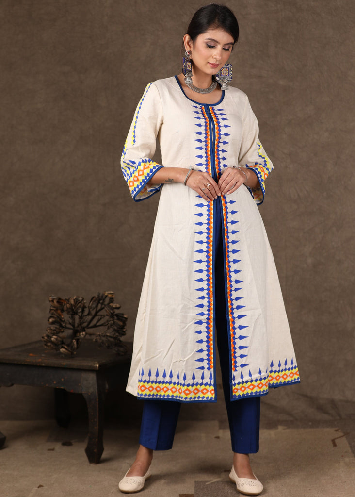 Graceful Hand Painted Front Open Kurta with Cotton Blue Fitted Pants - 2 Piece (Kurta & Pant Set)