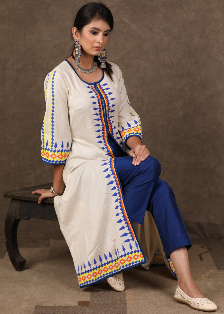 Graceful Hand Painted Front Open Kurta with Cotton Blue Fitted Pants - 2 Piece (Kurta & Pant Set)