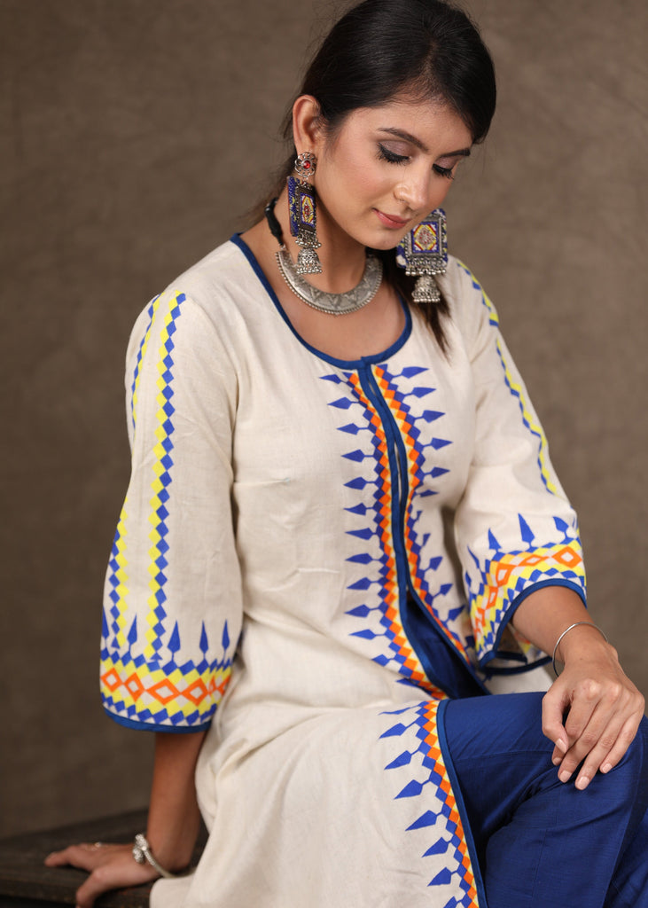 Graceful Hand Painted Front Open Kurta with Cotton Blue Fitted Pants - 2 Piece (Kurta & Pant Set)