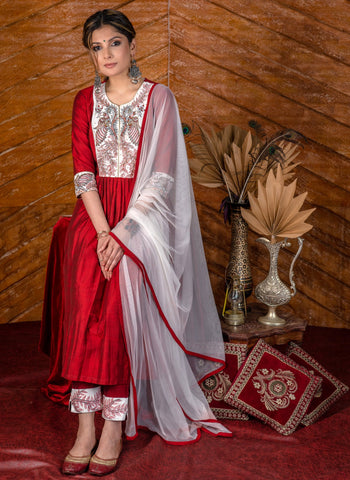 Exclusive maroon cotton silk Kurta & Pant set with authentic hand painted gond tribal art & embroidery - Dupatta optional.