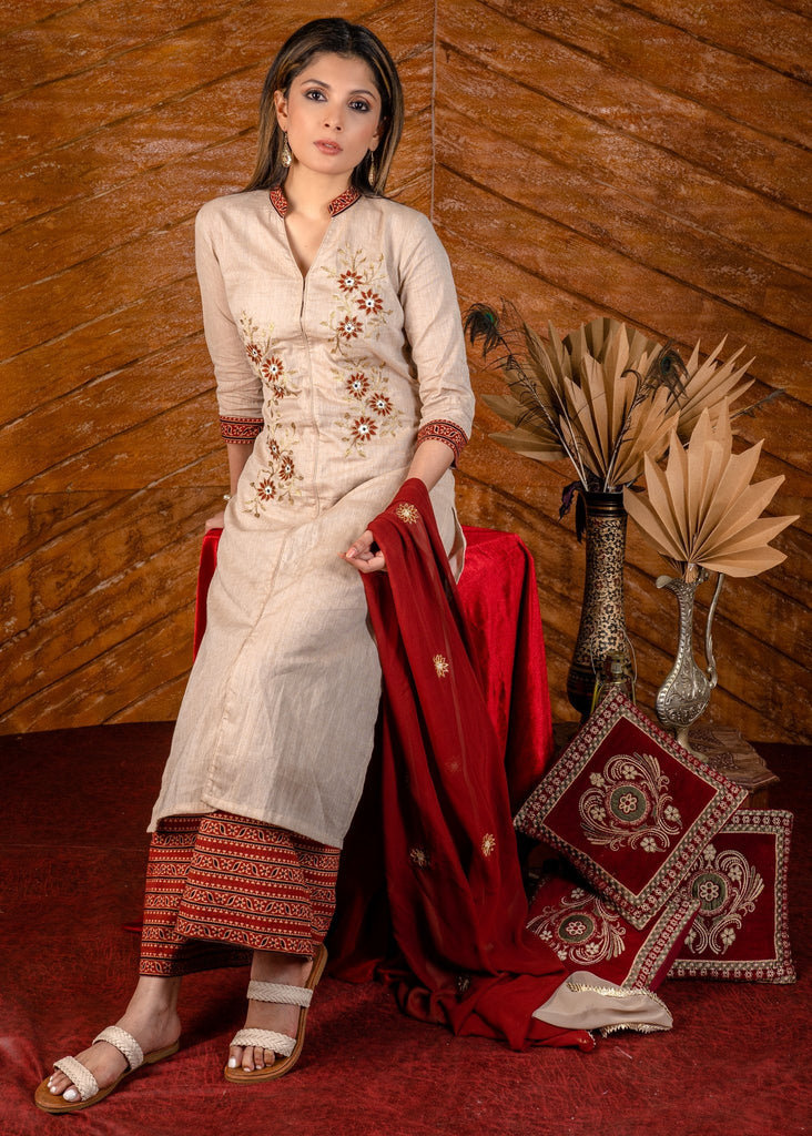 Exclusive embroidered cotton kurta with printed Ajrakh pallazo pant - Dupatta optional.