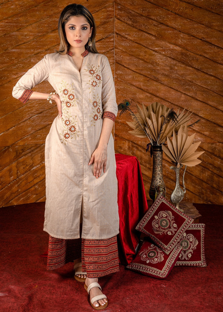 Exclusive embroidered cotton kurta with printed Ajrakh pallazo pant - Dupatta optional.