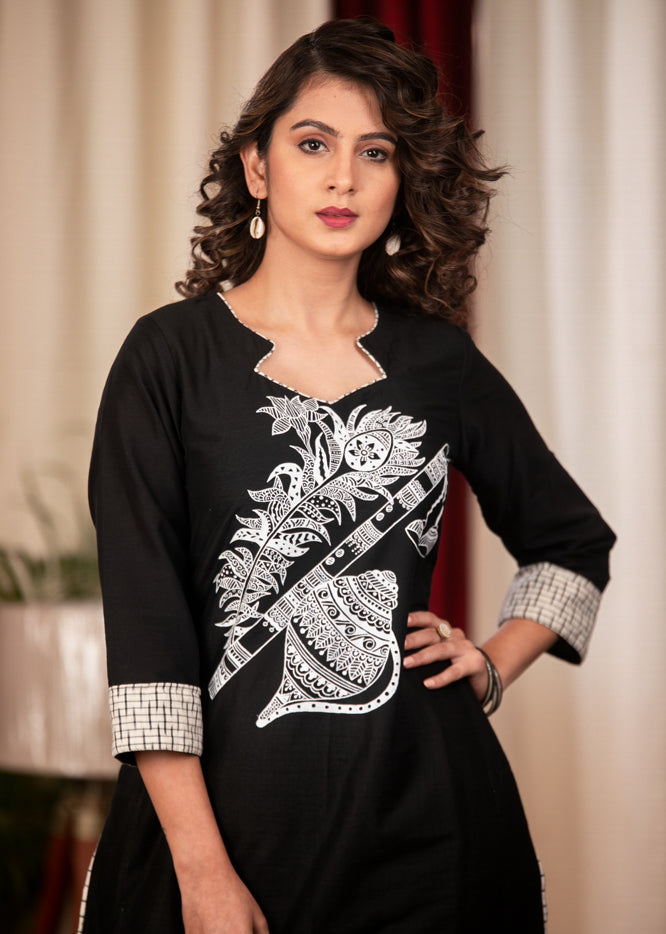 Black& White Straight Cotton Handloom Kurta with Impeccable Hand Painting of Musical Expressions, Pant & Dupatta - 3 Piece