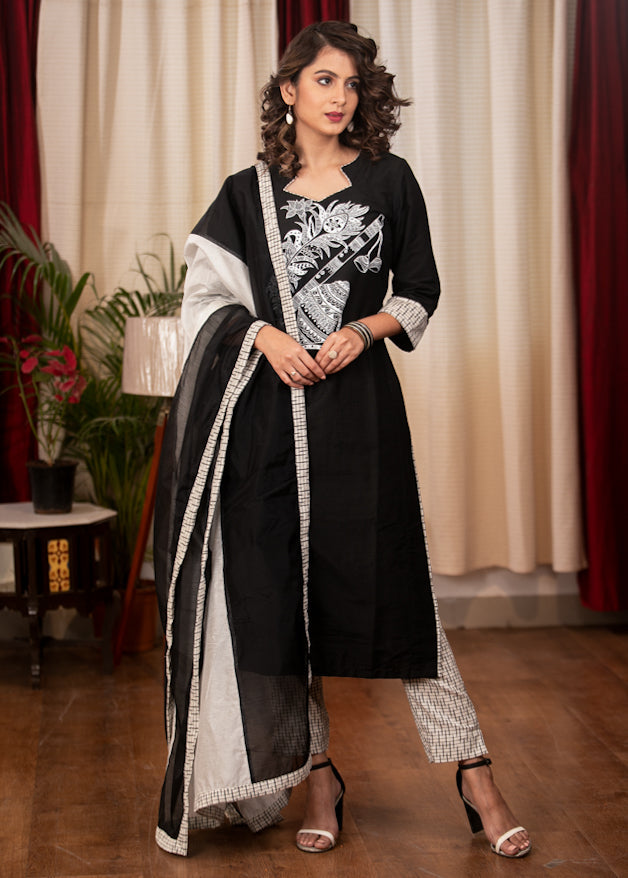 Black& White Straight Cotton Handloom Kurta with Impeccable Hand Painting of Musical Expressions, Pant & Dupatta - 3 Piece