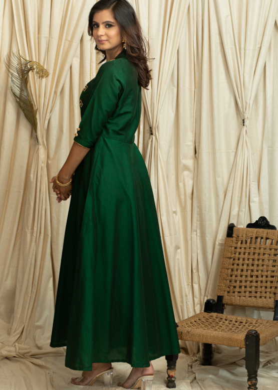 Green Cotton Silk Festive Gown with Elegant Handmade Zardosi Embroidery