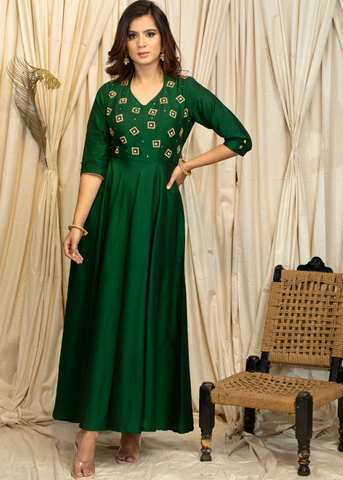 Green Cotton Silk Festive Gown with Elegant Handmade Zardosi Embroidery