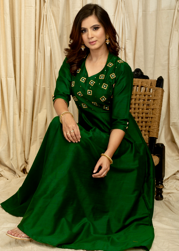 Green Cotton Silk Festive Gown with Elegant Handmade Zardosi Embroidery