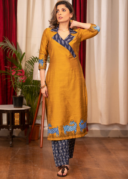 Straight Cut Mustard Cotton Silk and Ikat Combination Kurta with beautiful Hand Painted Gond Art