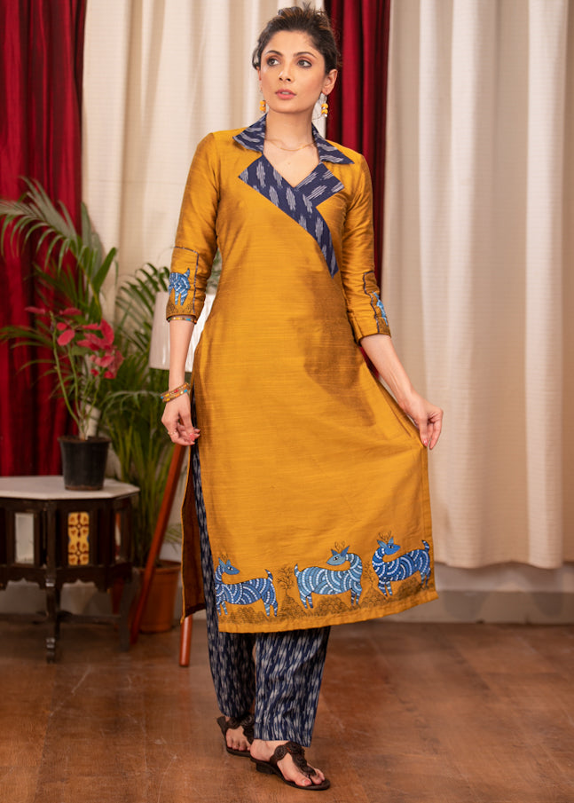 Straight Cut Mustard Cotton Silk and Ikat Combination Kurta with beautiful Hand Painted Gond Art