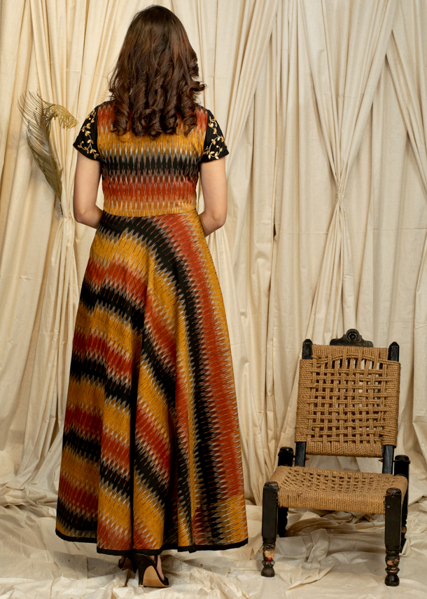 Exclusive Multicoloured Ikat  Gown With Beautiful Handmade Gota Patti Work