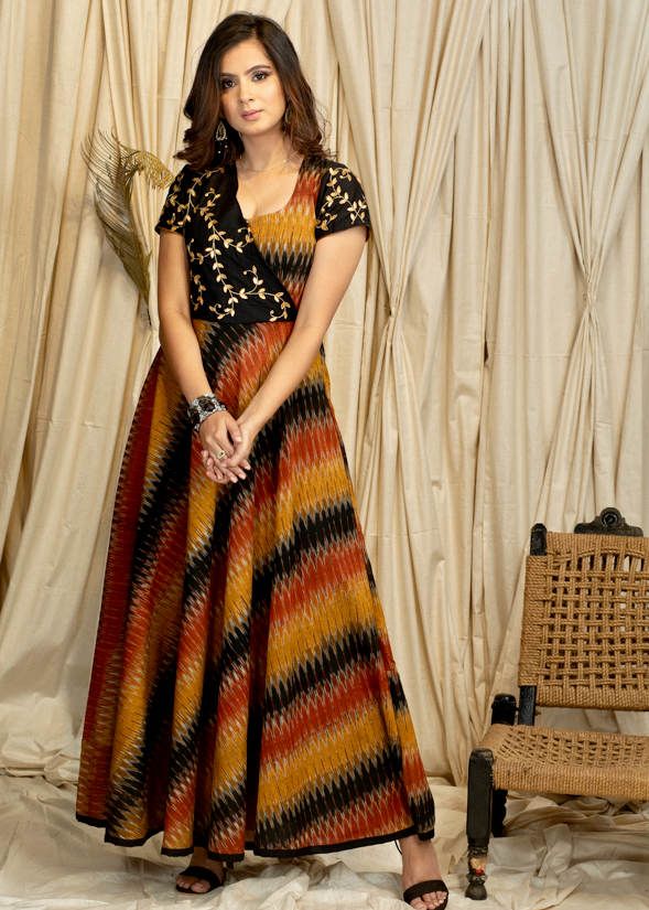 Exclusive Multicoloured Ikat  Gown With Beautiful Handmade Gota Patti Work