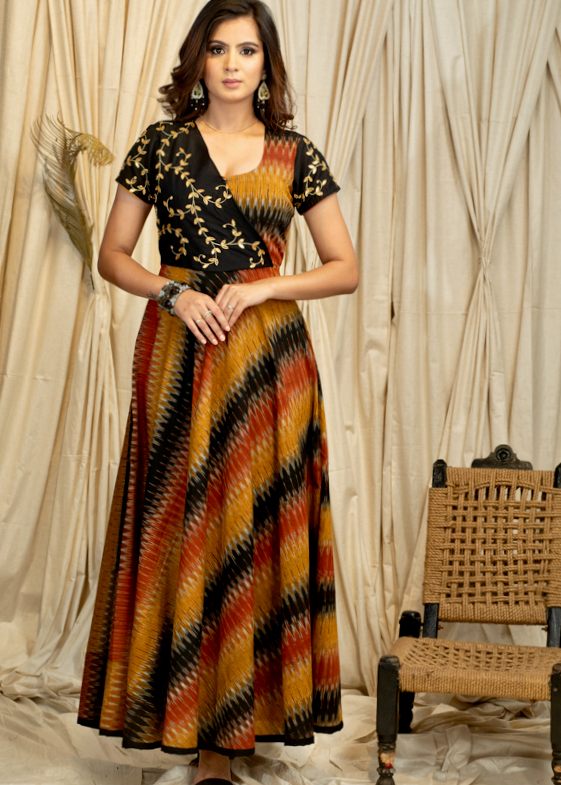 Exclusive Multicoloured Ikat  Gown With Beautiful Handmade Gota Patti Work