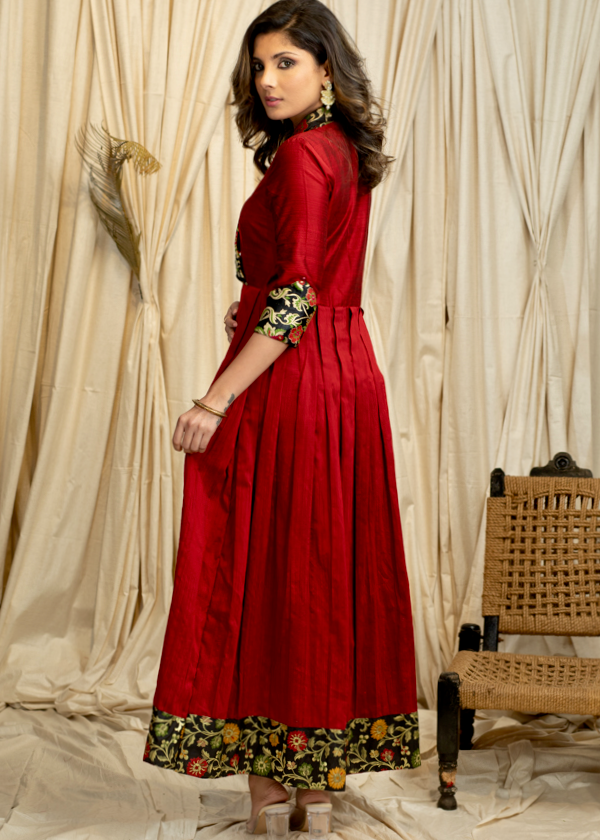 Graceful Maroon Cotton Silk Festive Gown with exclusive Banarasi Detailing