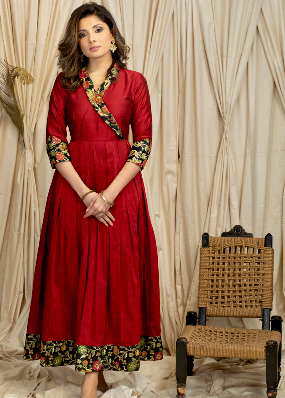 Graceful Maroon Cotton Silk Festive Gown with exclusive Banarasi Detailing