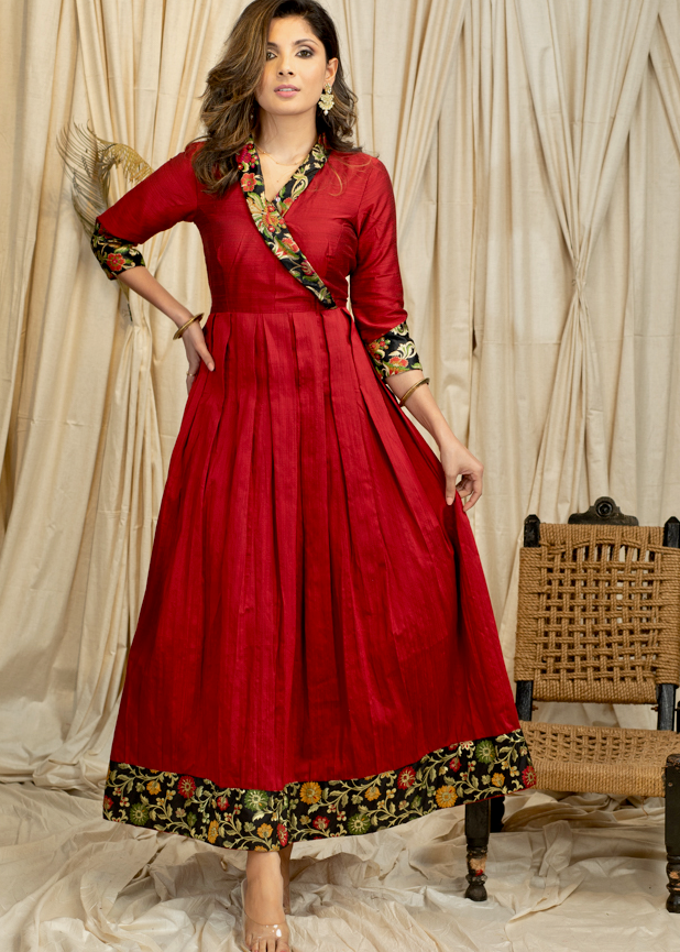 Graceful Maroon Cotton Silk Festive Gown with exclusive Banarasi Detailing