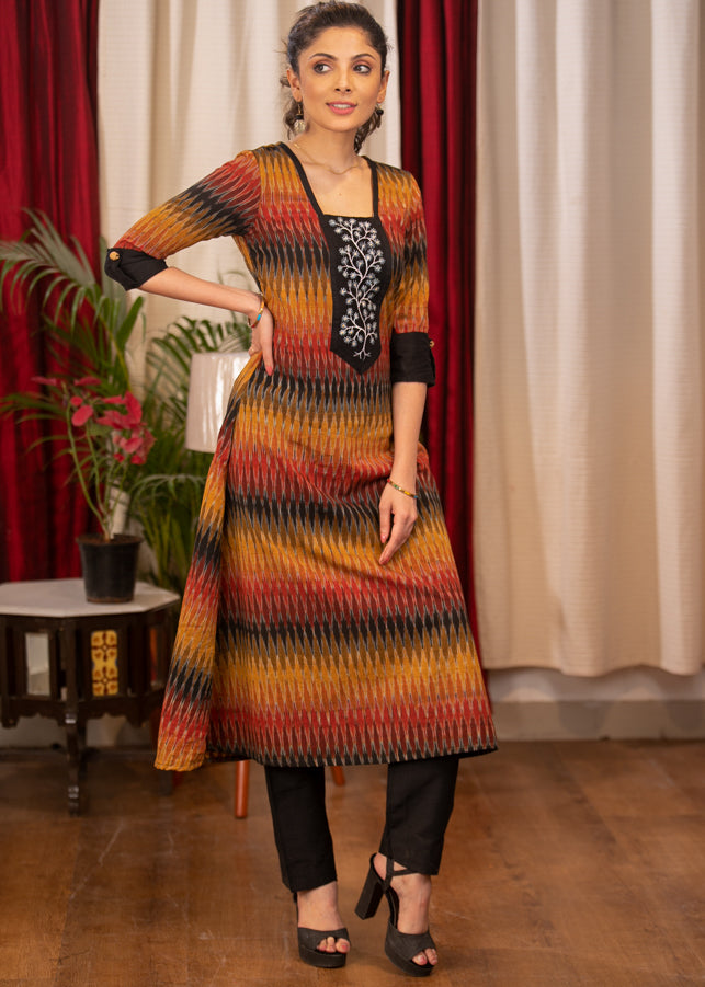 A-line Multicoloured Ikat Kurta with Fine Hand Painted Gond Work