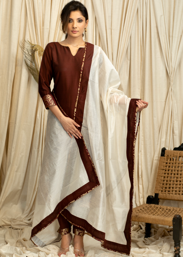 Straight Cut Coffee Brown  Cotton Silk Kurta and Pant with Banarasi Border and Chanderi Dupatta - 3 piece set