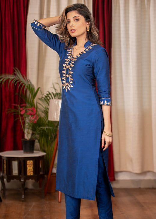 Straight Cut Blue Cotton Silk Kurta with Hand made Gota Patti work , Pant & Chanderi Dupatta - 3 Piece