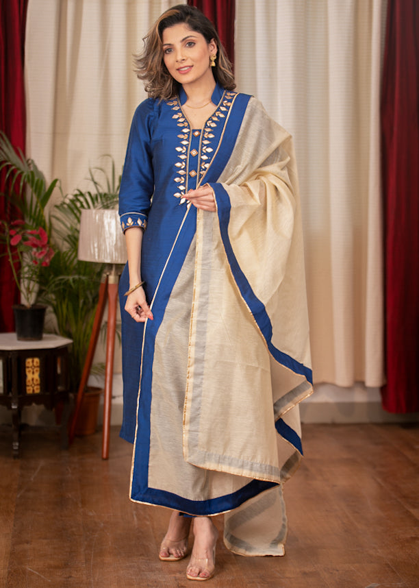 Straight Cut Blue Cotton Silk Kurta with Hand made Gota Patti work , Pant & Chanderi Dupatta - 3 Piece