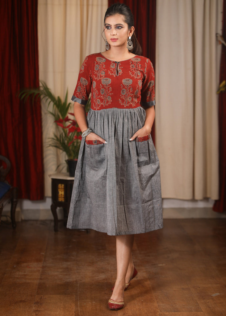 Grey & maroon Ajrakh block printed combination one piece dress