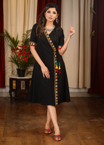 Exclusive V-Neck Fit and Flare Black Ajrakh Dress – Sujatra