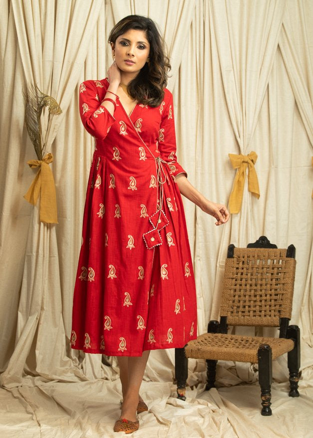 Trendy Red Cotton Crossover Bandhani Printed Dress – Sujatra