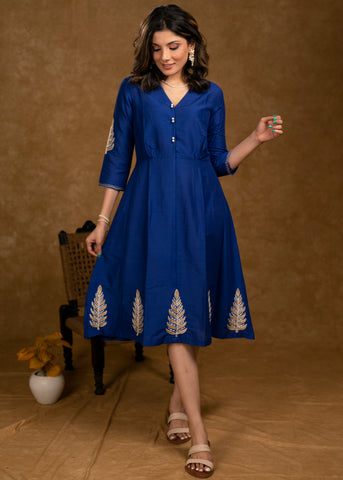 Elegant Royal Blue Cotton Silk Dress with Embroidery on Hemline and Sleeves