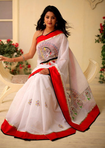 Exclusive hand painted saree on white chanderi